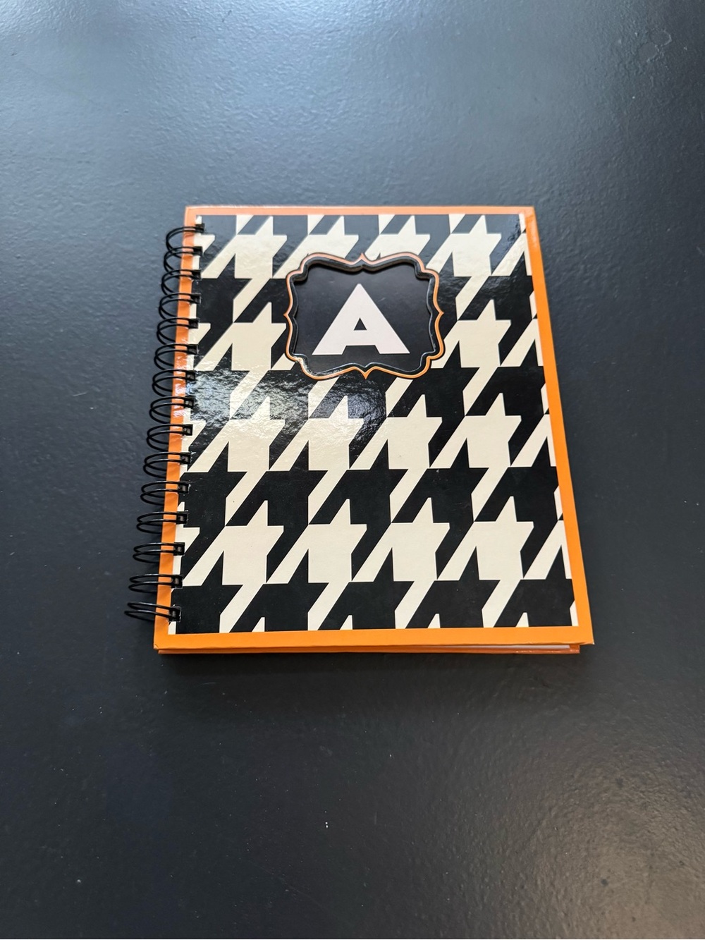 Black and White Houndstooth Spiral Notebook with Orange Trim